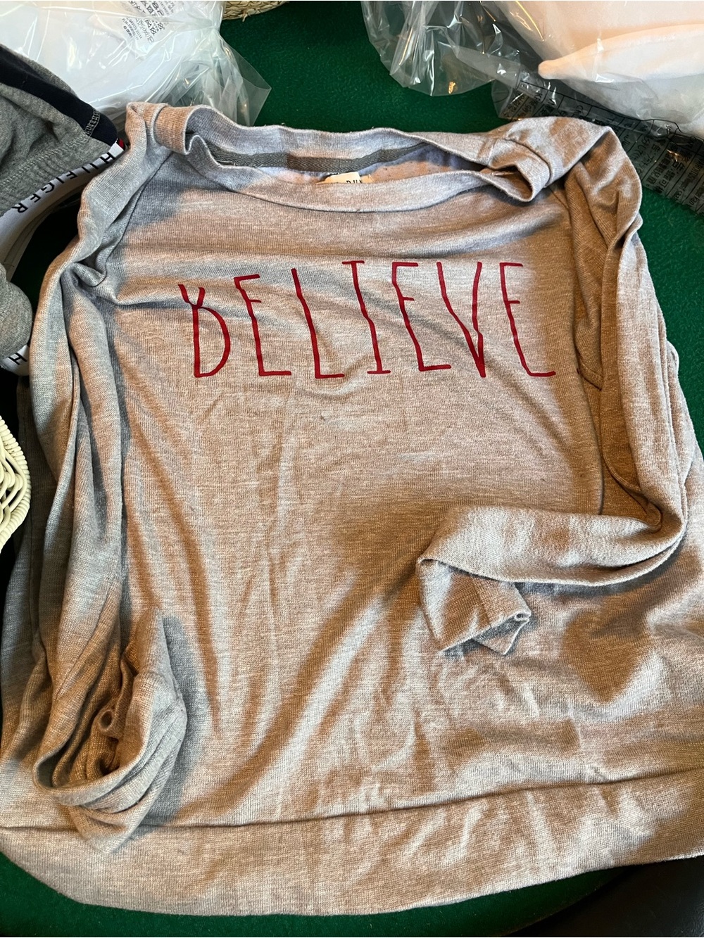 Rae Dunn Light Gray Long-Sleeve Top with Red "BELIEVE" Lettering